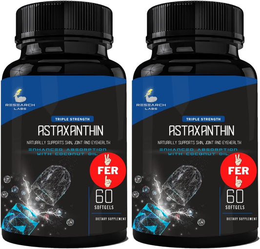 120 Softgels of Research Labs Triple Strength Astaxanthin 12mg + Bonus Organic Coconut Oil for Enhanced Absorption - Antioxidant for Eye, Joint, and Heart Health