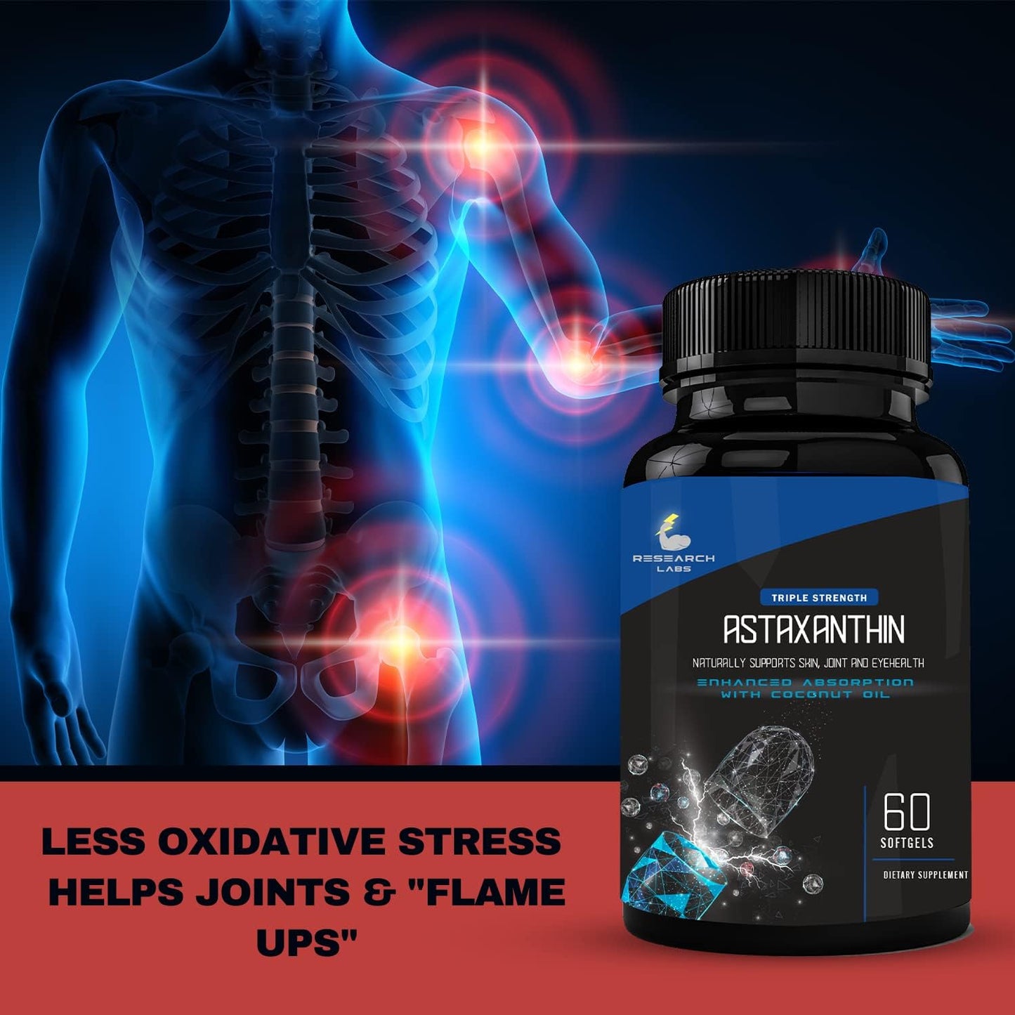 120 Softgels of Research Labs Triple Strength Astaxanthin 12mg + Bonus Organic Coconut Oil for Enhanced Absorption - Antioxidant for Eye, Joint, and Heart Health