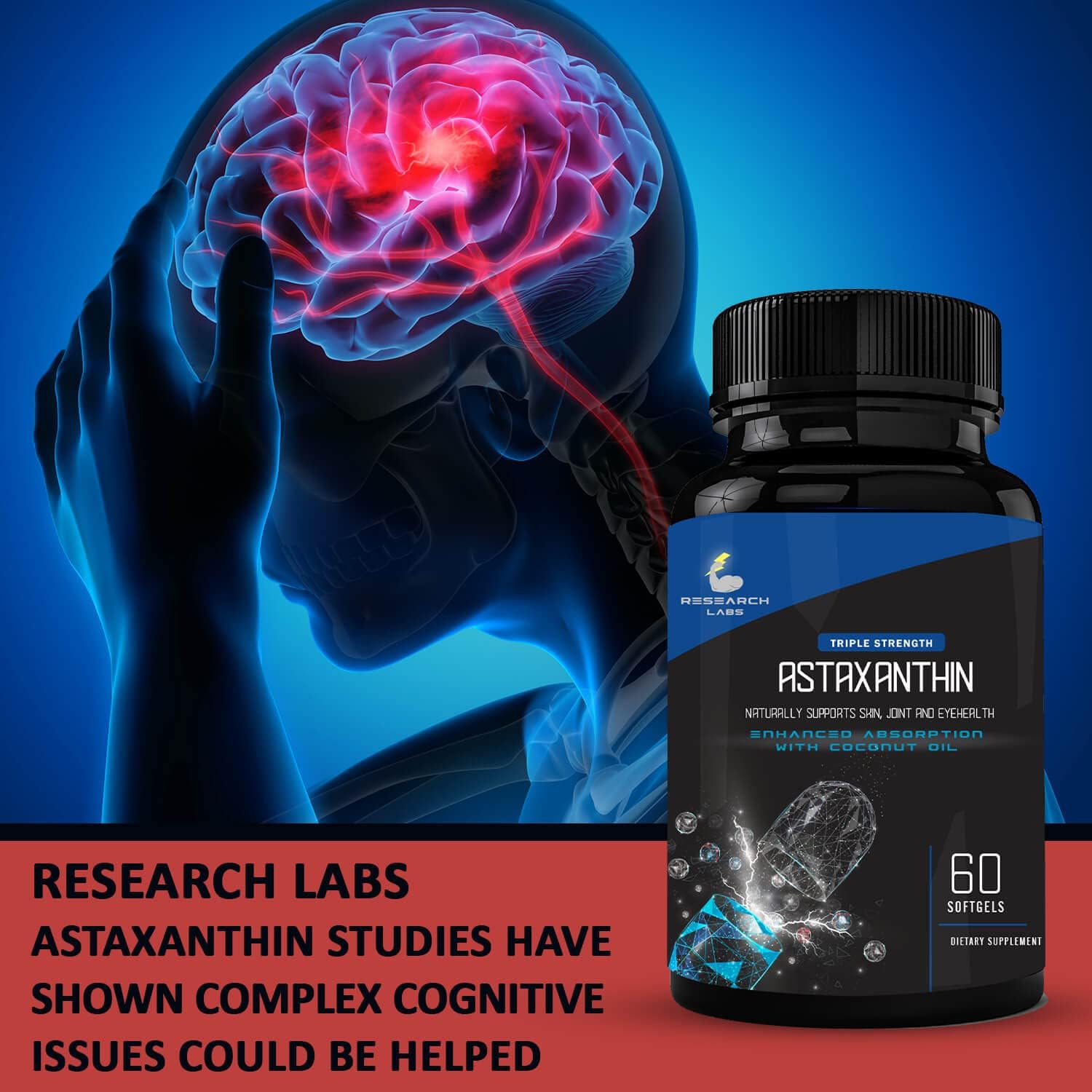 120 Softgels of Research Labs Triple Strength Astaxanthin 12mg + Bonus Organic Coconut Oil for Enhanced Absorption - Antioxidant for Eye, Joint, and Heart Health