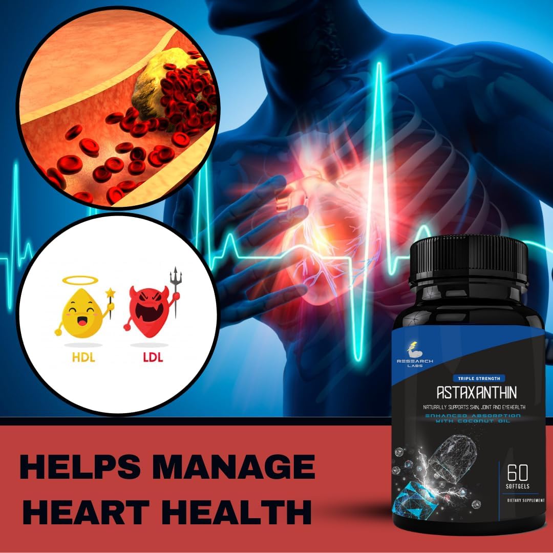120 Softgels of Research Labs Triple Strength Astaxanthin 12mg + Bonus Organic Coconut Oil for Enhanced Absorption - Antioxidant for Eye, Joint, and Heart Health
