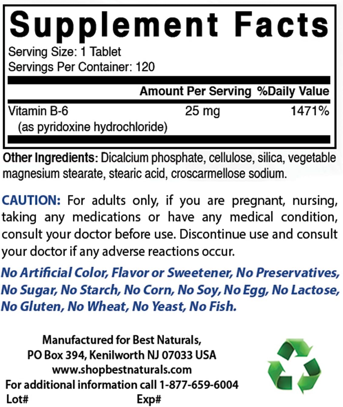 120 Tablets Best Naturals Vitamin B6 25mg - Pack of 2