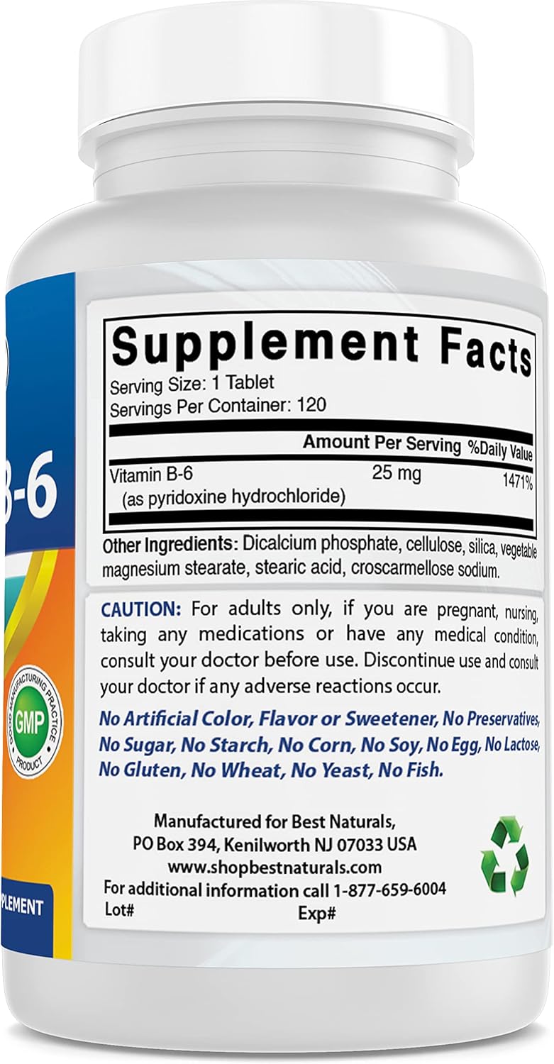 120 Tablets Best Naturals Vitamin B6 25mg - Pack of 2