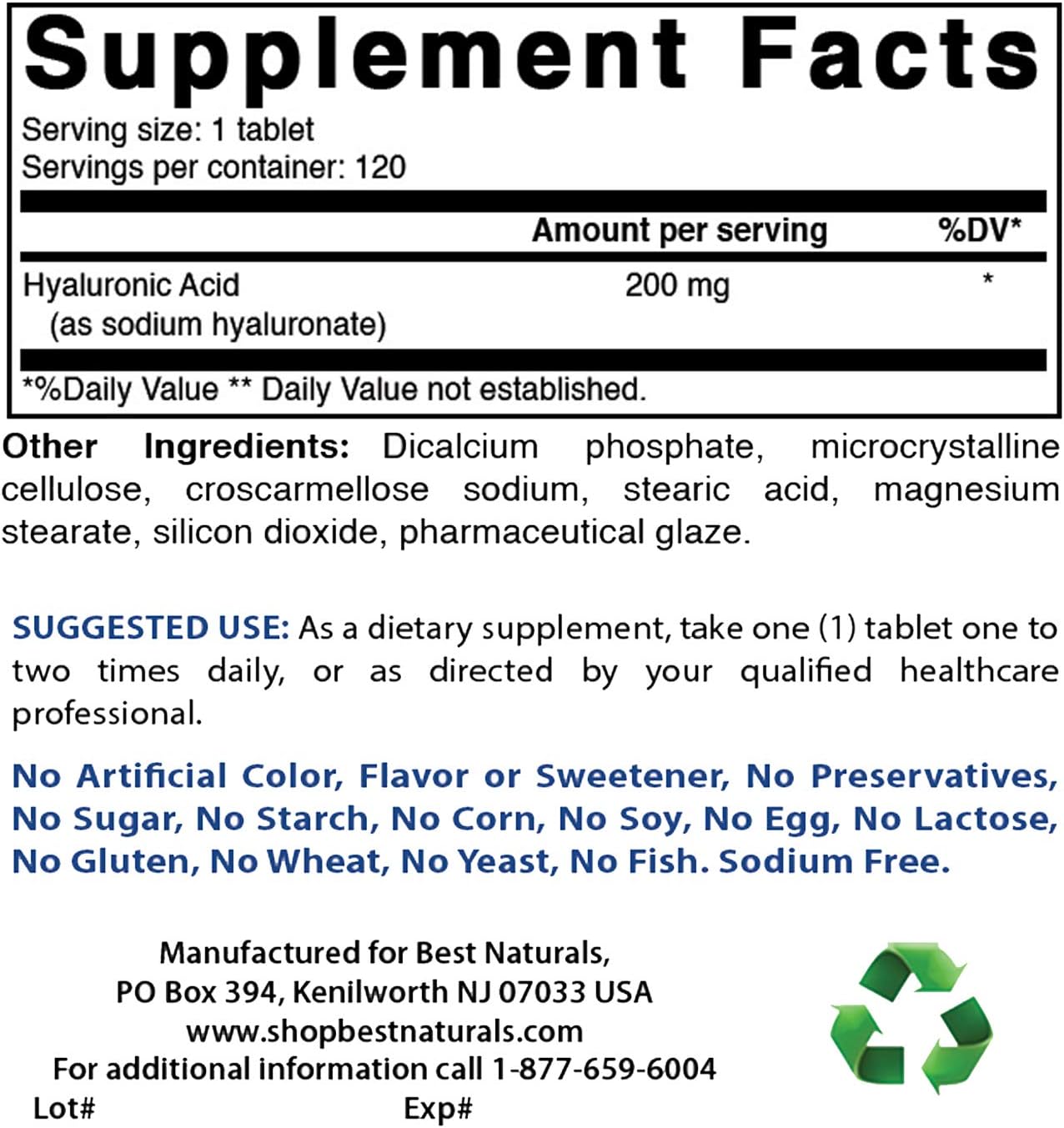 120 Tablets of Best Naturals Hyaluronic Acid 200mg - Non-GMO & Gluten Free for Youthful Skin & Joint Health