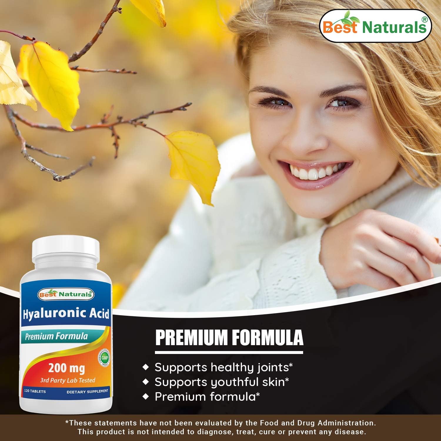 120 Tablets of Best Naturals Hyaluronic Acid 200mg - Non-GMO & Gluten Free for Youthful Skin & Joint Health
