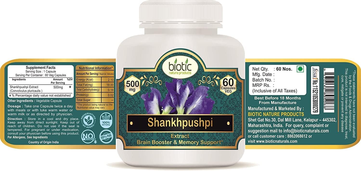 120 Veg Capsules of Veena Biotic Shankhpushpi Extract - 500mg, Pack of 2