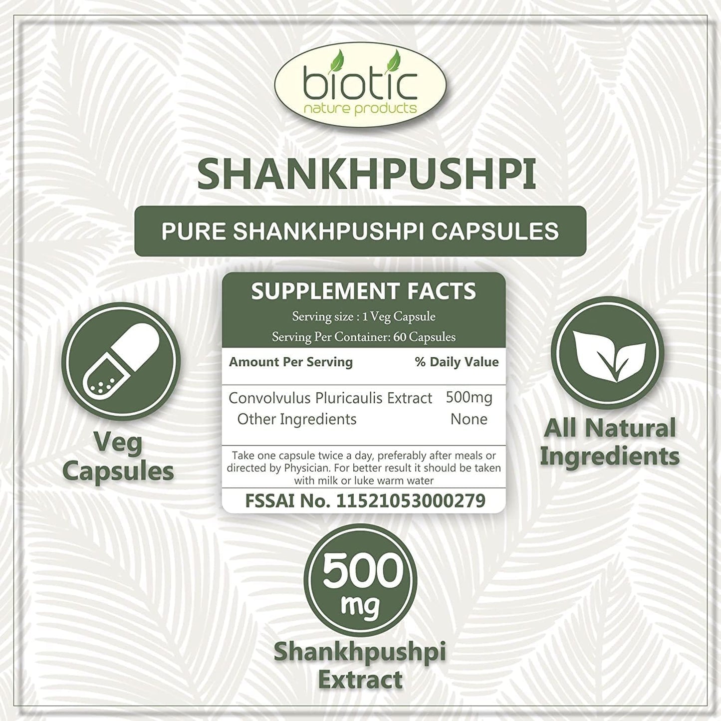 120 Veg Capsules of Veena Biotic Shankhpushpi Extract - 500mg, Pack of 2