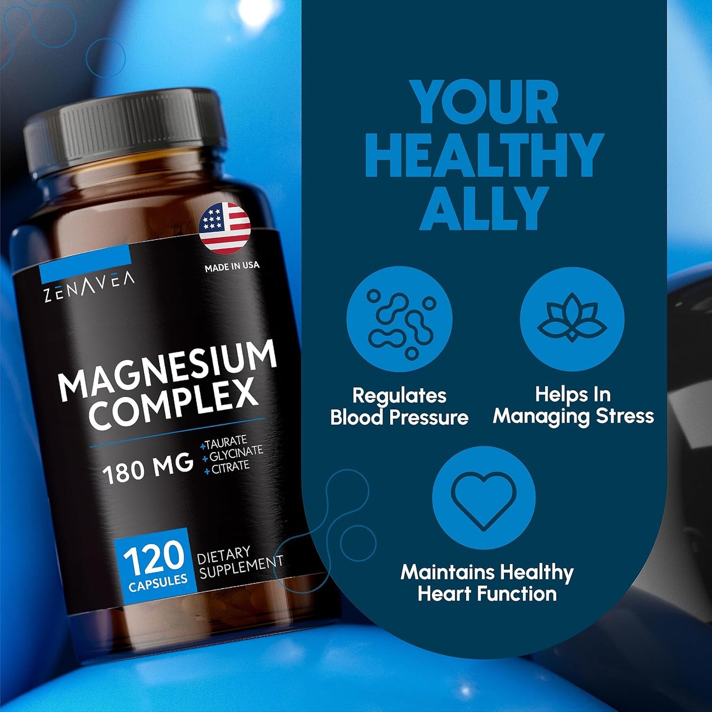 120 Vegan Capsules of Zenavea Triple Magnesium Complex - 180mg Magnesium Glycinate, Taurate, and Citrate - Calm Supplement