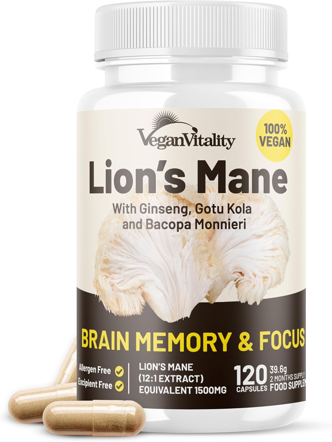 120 Vegan Lions Mane Mushroom Extract Capsules with Bacopa Monnieri, Gotu Kola, Ginseng - Nootropic Brain Support for Focus and Memory
