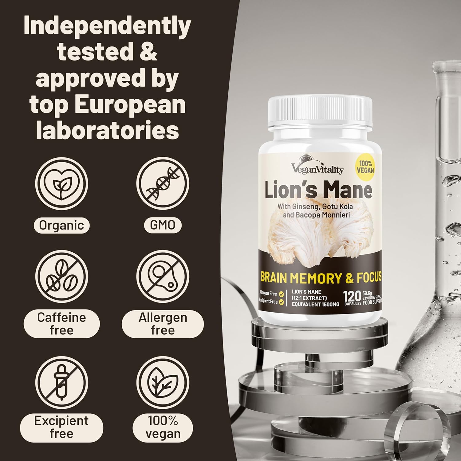 120 Vegan Lions Mane Mushroom Extract Capsules with Bacopa Monnieri, Gotu Kola, Ginseng - Nootropic Brain Support for Focus and Memory