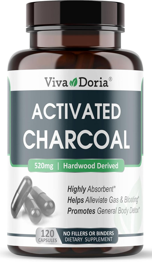 120 Vegetable Capsules of Viva Doria Activated Charcoal 520mg - Highly Absorbent for Gas & Bloating Relief, Natural Detox Support
