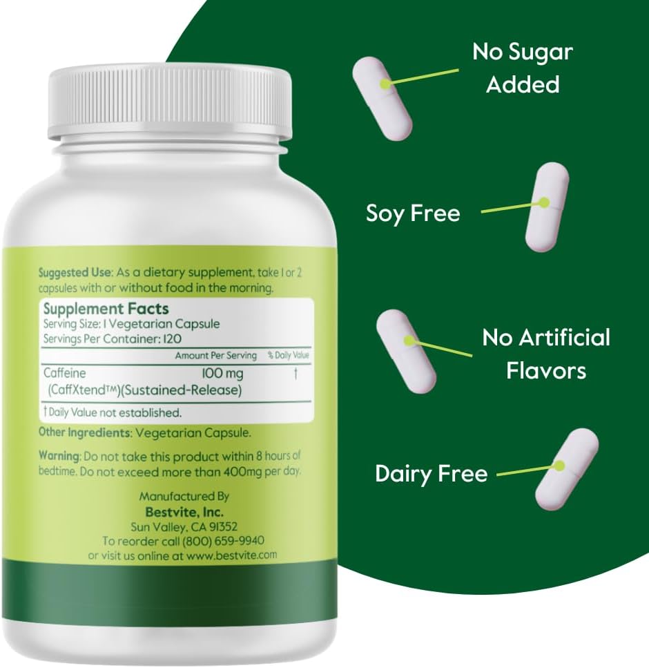 120 Vegetarian Capsules of BESTVITE 100mg Sustained Release Caffeine Pills - Vegan, Non GMO, Gluten Free Natural Caffeine