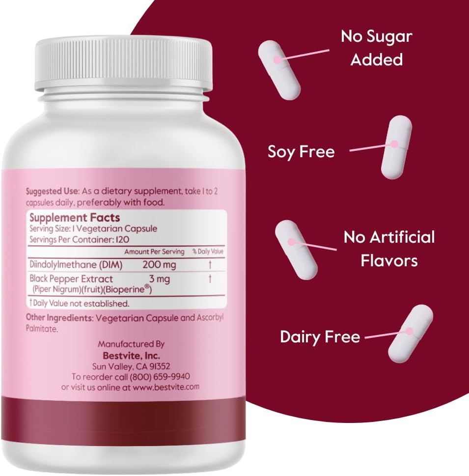 120 Vegetarian Capsules of Bestvite DIM 200mg - Non GMO, Gluten Free, Vegan Formula Without Stearates