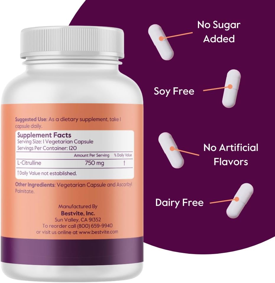 120 Vegetarian Capsules of BESTVITE L-Citrulline 750mg - Non-GMO, Gluten-Free, Vegan - No Stearates, No Silica, No Fillers