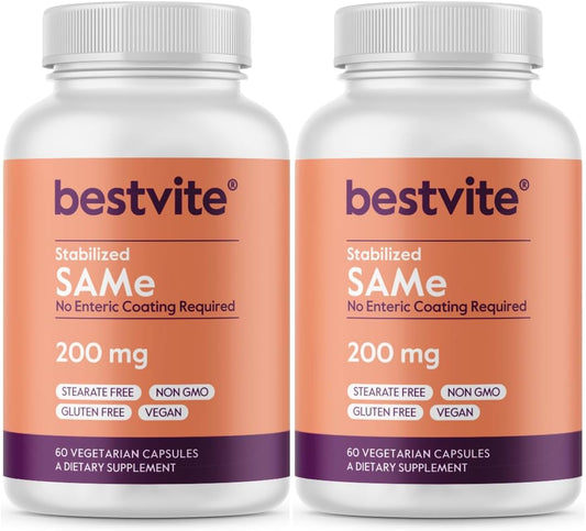 120 Vegetarian Capsules of Bestvite SAM-e 200mg Stabilized - Easy to Swallow, Vegan, Non-GMO, Gluten Free