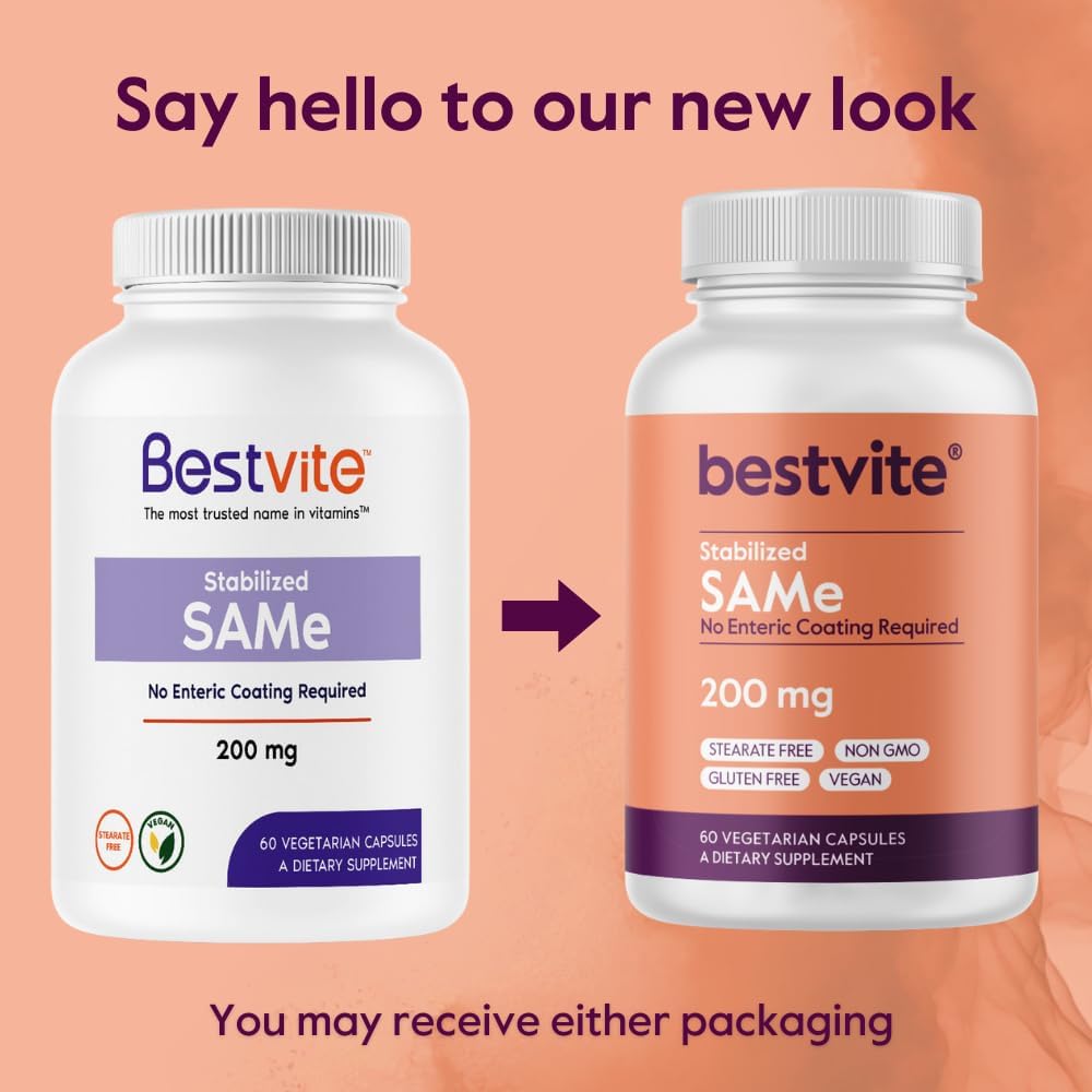 120 Vegetarian Capsules of Bestvite SAM-e 200mg Stabilized - Easy to Swallow, Vegan, Non-GMO, Gluten Free