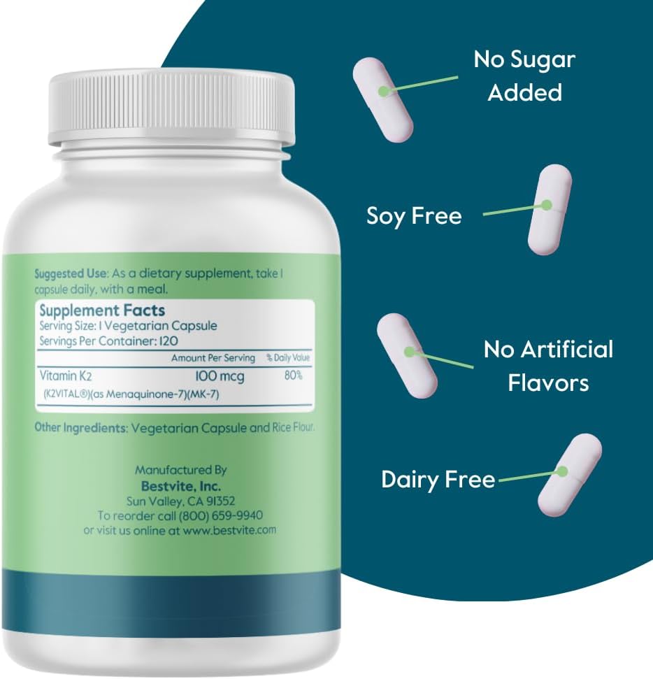 120 Vegetarian Capsules of BESTVITE Vitamin K2 100 mcg as MK-7 with K2VITAL - Non GMO, Vegan & Gluten Free