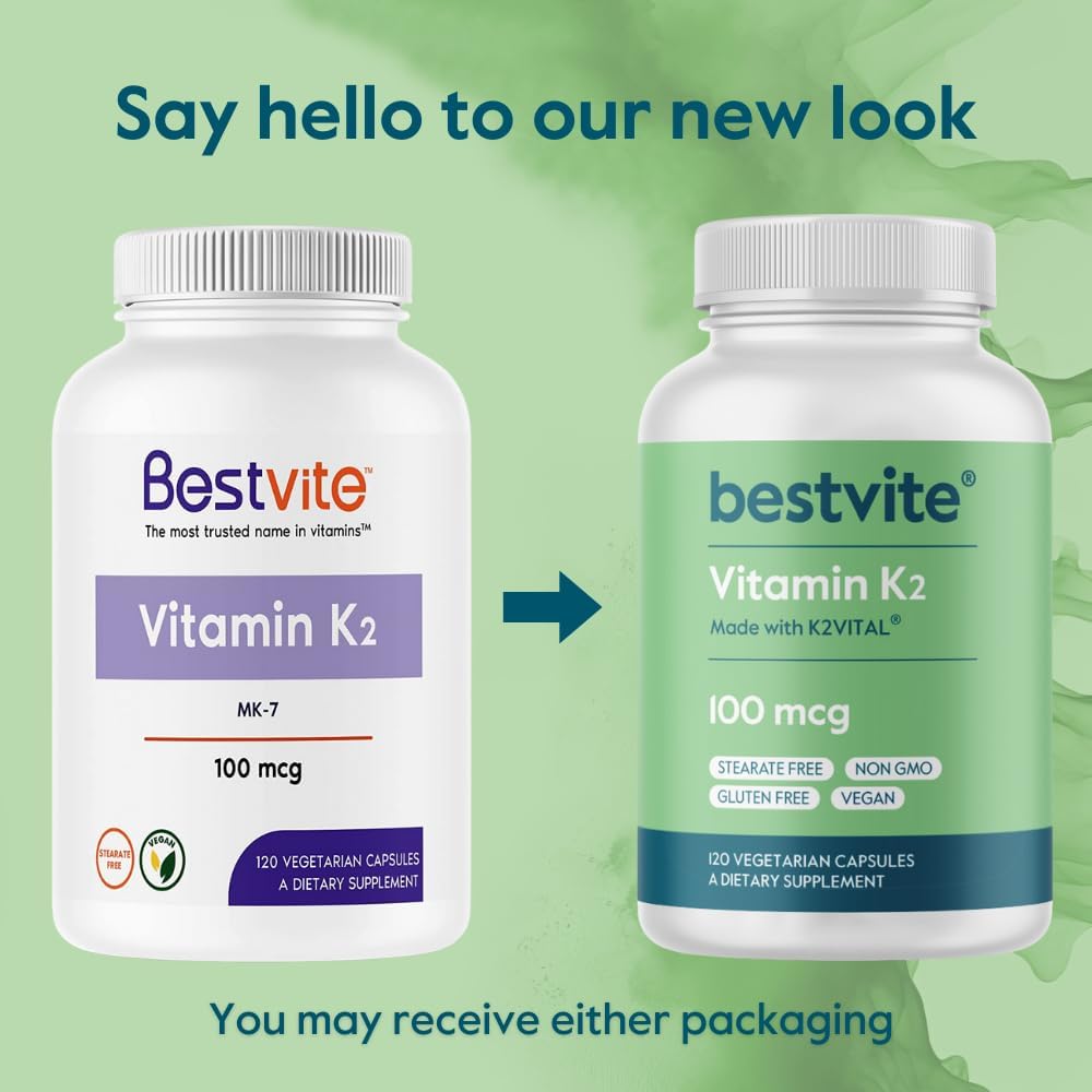 120 Vegetarian Capsules of BESTVITE Vitamin K2 100 mcg as MK-7 with K2VITAL - Non GMO, Vegan & Gluten Free
