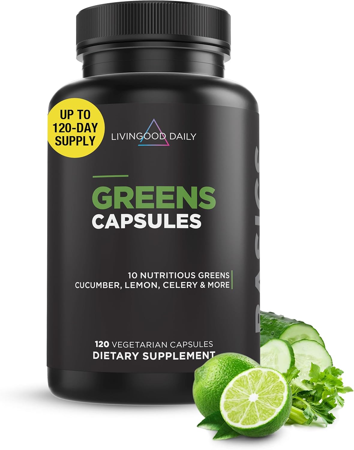120 Vegetarian Capsules of Livingood Daily Greens Supplement - Super Greens with Spirulina, Chlorella, Broccoli, Spinach for Energy, Digestive, & Gut Health - Fruit & Vegetable Capsules for Overall Wellness
