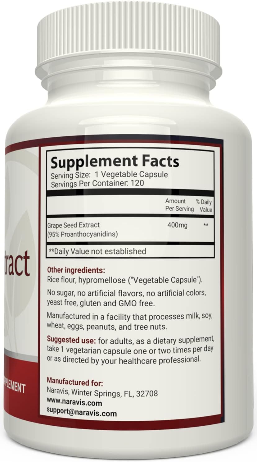 120 Vegetarian Capsules of Naravis Grape Seed Extract with 95% Proanthocyanidins for Natural Antioxidant Support