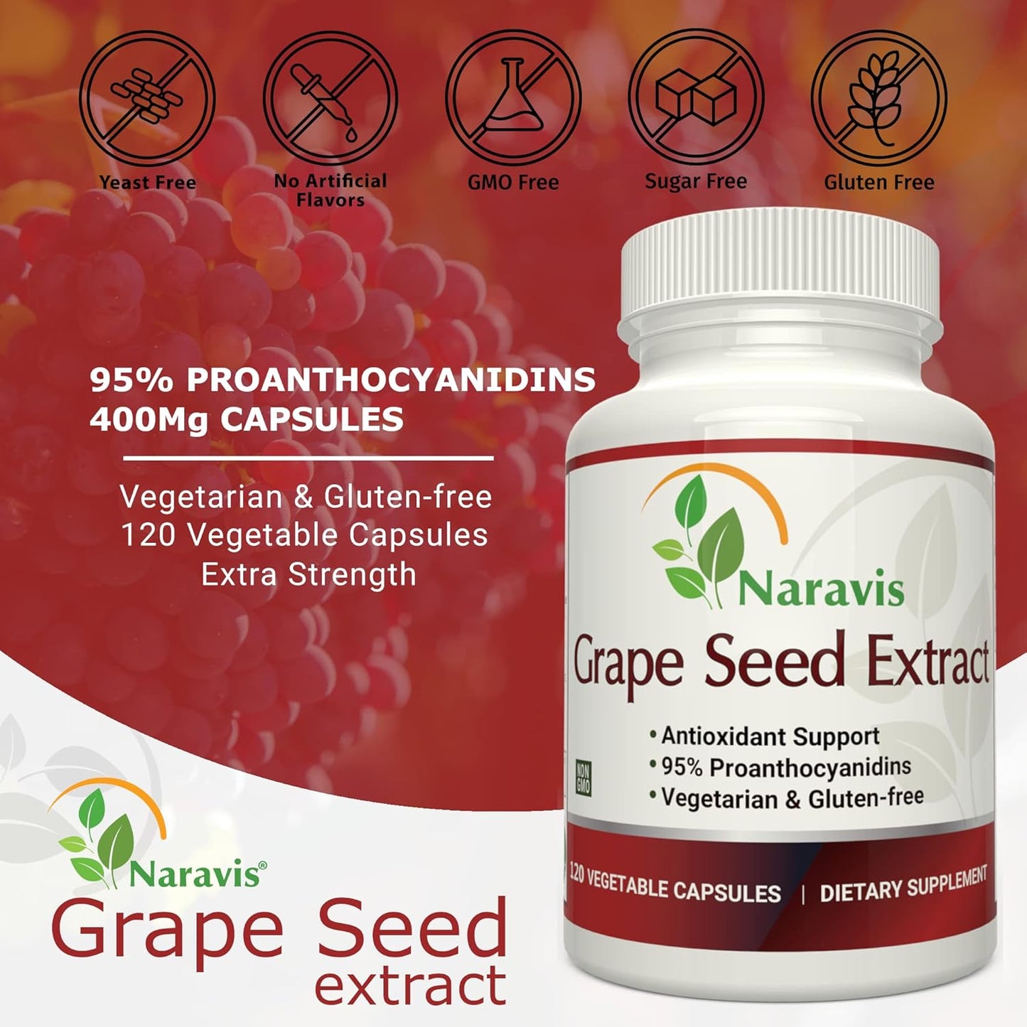 120 Vegetarian Capsules of Naravis Grape Seed Extract with 95% Proanthocyanidins for Natural Antioxidant Support