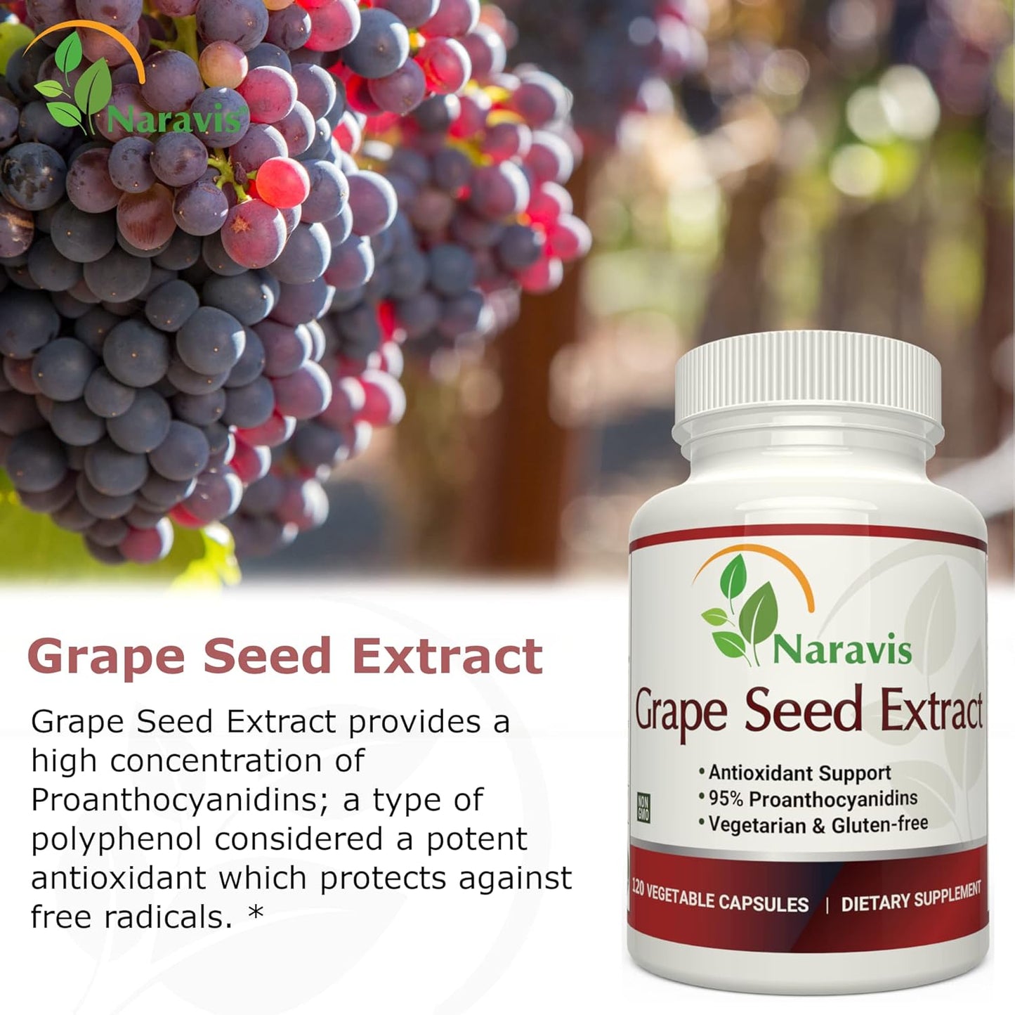 120 Vegetarian Capsules of Naravis Grape Seed Extract with 95% Proanthocyanidins for Natural Antioxidant Support