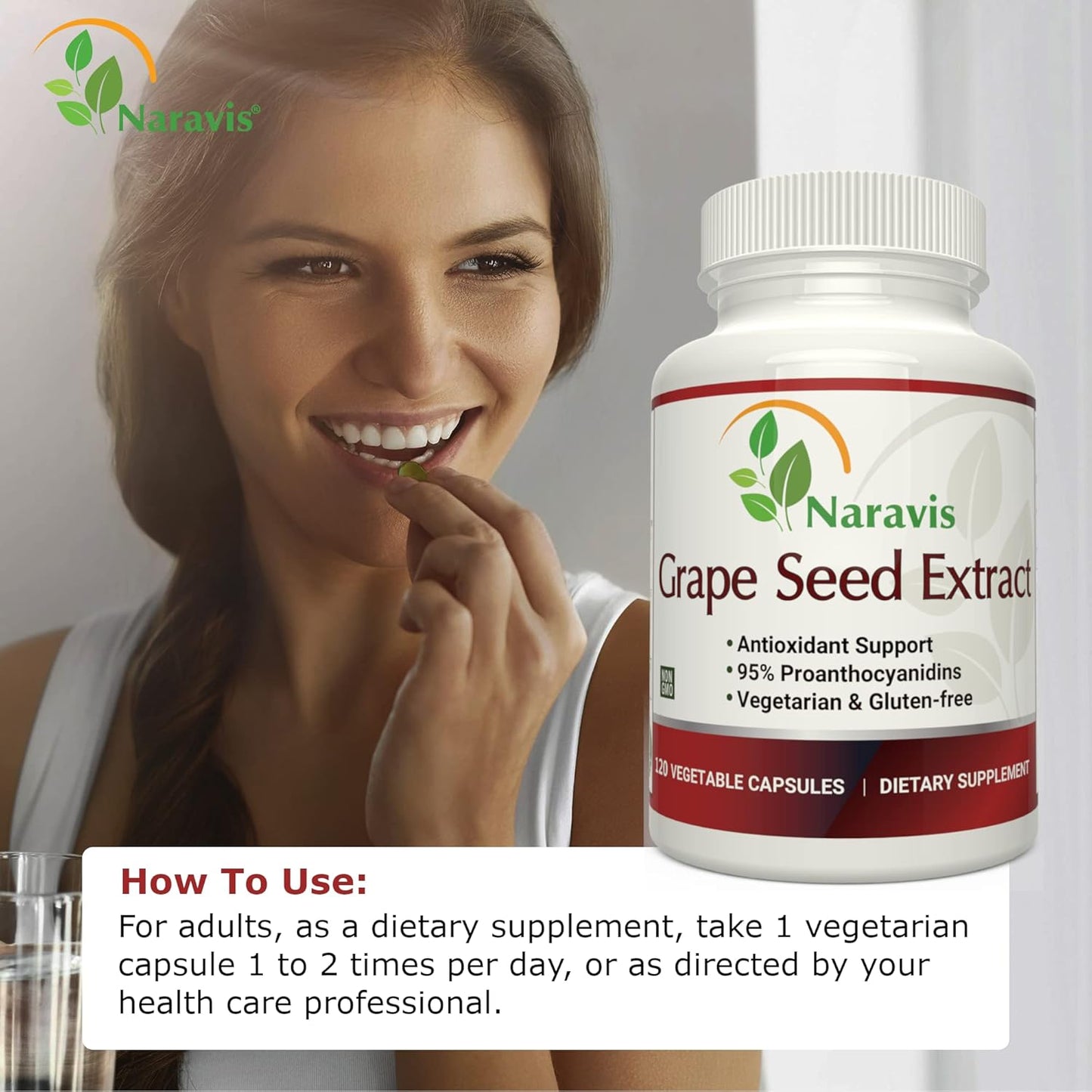120 Vegetarian Capsules of Naravis Grape Seed Extract with 95% Proanthocyanidins for Natural Antioxidant Support