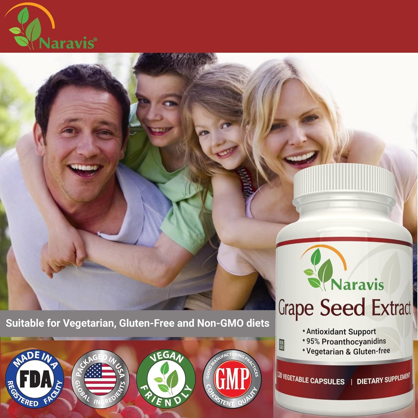 120 Vegetarian Capsules of Naravis Grape Seed Extract with 95% Proanthocyanidins for Natural Antioxidant Support