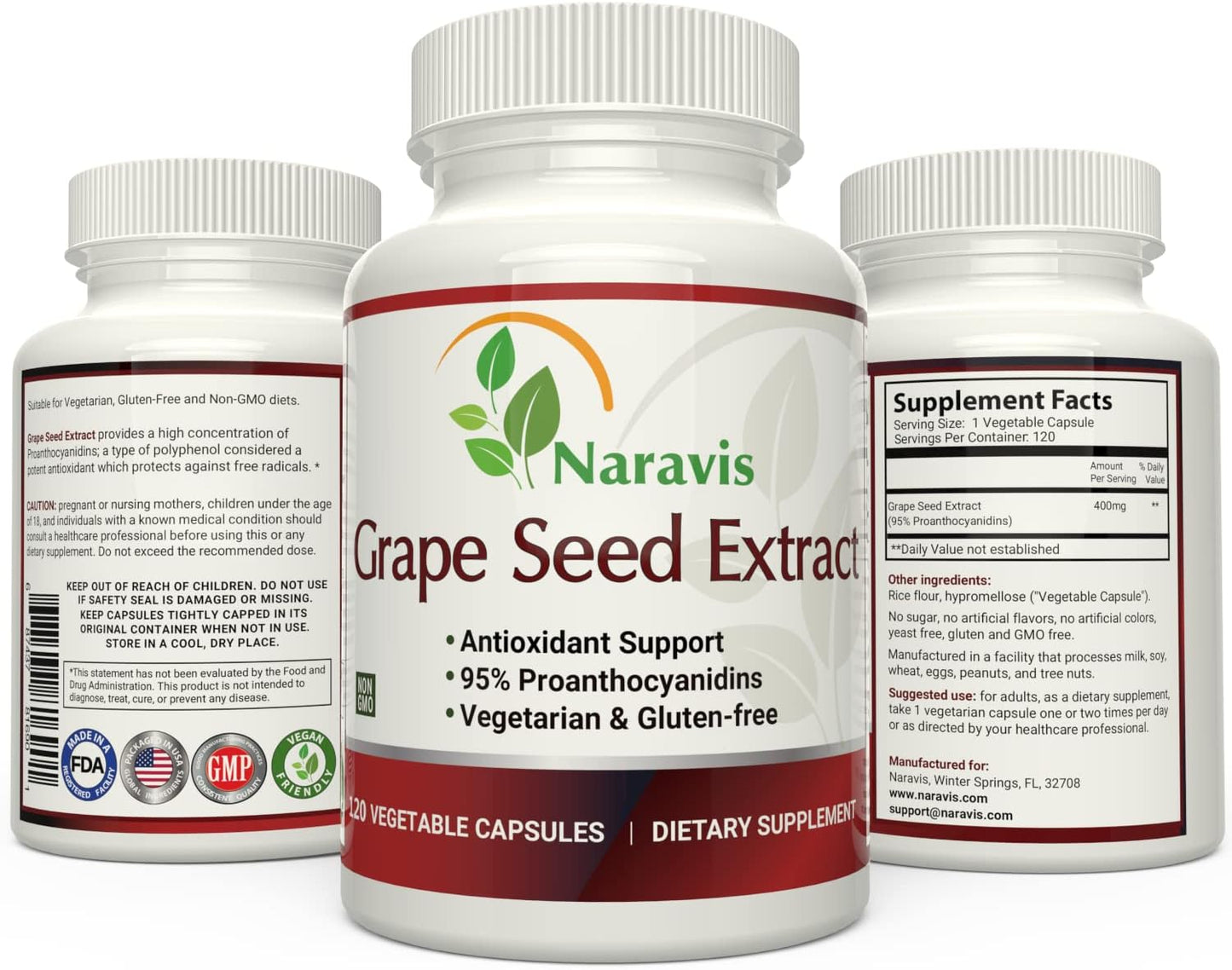 120 Vegetarian Capsules of Naravis Grape Seed Extract with 95% Proanthocyanidins for Natural Antioxidant Support
