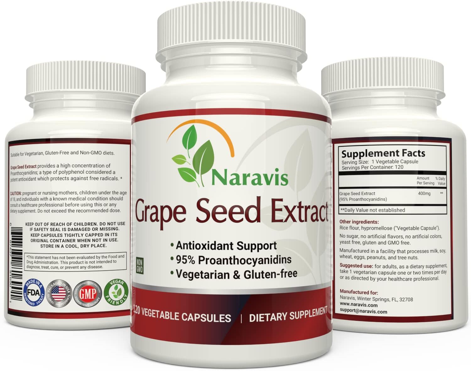 120 Vegetarian Capsules of Naravis Grape Seed Extract with 95% Proanthocyanidins for Natural Antioxidant Support