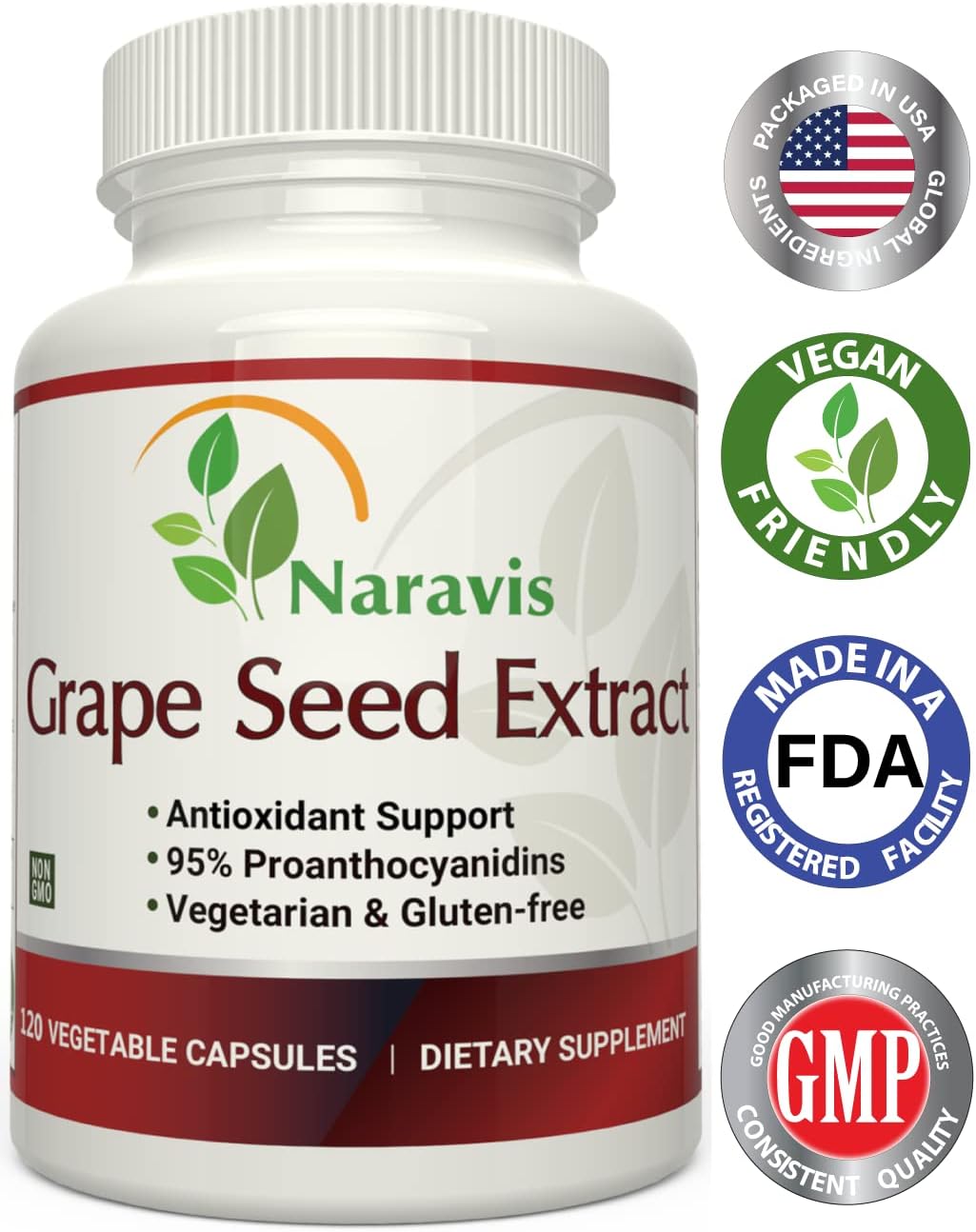 120 Vegetarian Capsules of Naravis Grape Seed Extract with 95% Proanthocyanidins for Natural Antioxidant Support