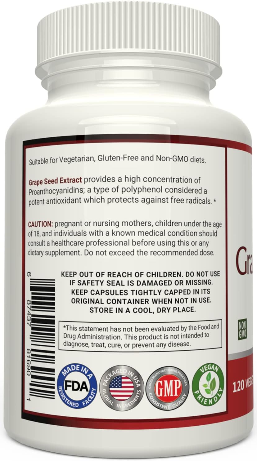 120 Vegetarian Capsules of Naravis Grape Seed Extract with 95% Proanthocyanidins for Natural Antioxidant Support