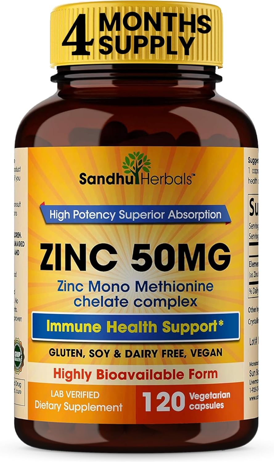 120 Vegetarian Capsules of SANDHUHERBALS Zinc 50mg Supplement for Immune Support - Highly Absorbable and Gluten Free