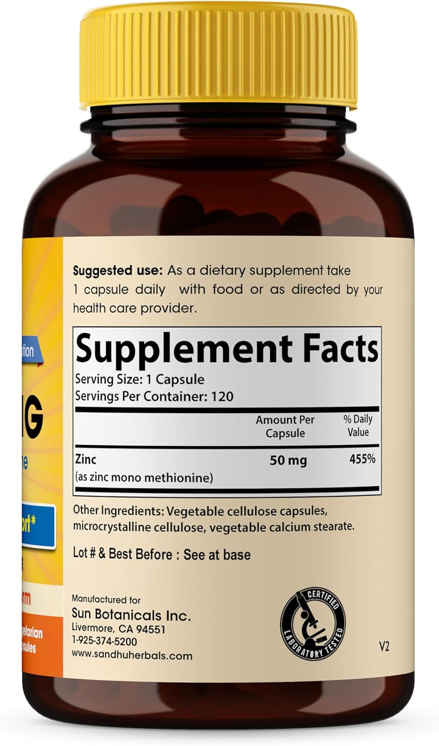 120 Vegetarian Capsules of SANDHUHERBALS Zinc 50mg Supplement for Immune Support - Highly Absorbable and Gluten Free