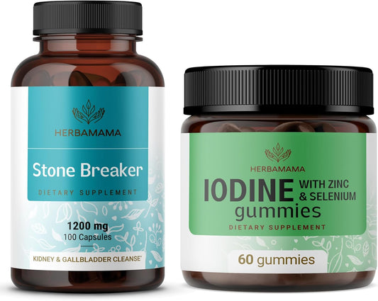 1200 mg Stone Breaker Capsules & Potassium Iodine Gummies Bundle - Vegan & Non-GMO - HERBAMAMA Stone Breaker and Iodine Kit - 2 Pack