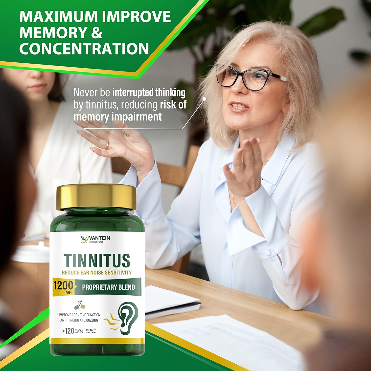 1200 MG Tinnitus Relief Capsules - 120 Count for Ear Health | Supports Hearing & Pain Relief | Vitamins for Men & Women | 60-Day Supply