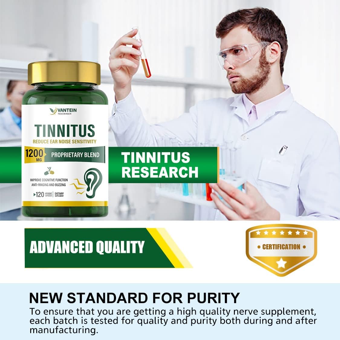 1200 MG Tinnitus Relief Capsules - 120 Count for Ear Health | Supports Hearing & Pain Relief | Vitamins for Men & Women | 60-Day Supply