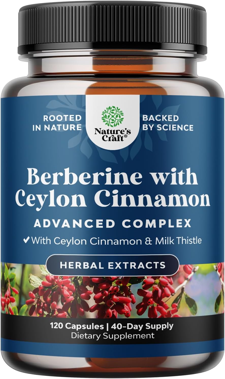 1200mg Berberine Plus Complex with Ceylon Cinnamon and Milk Thistle - Heart Health and Sugar Support - 120 Capsules