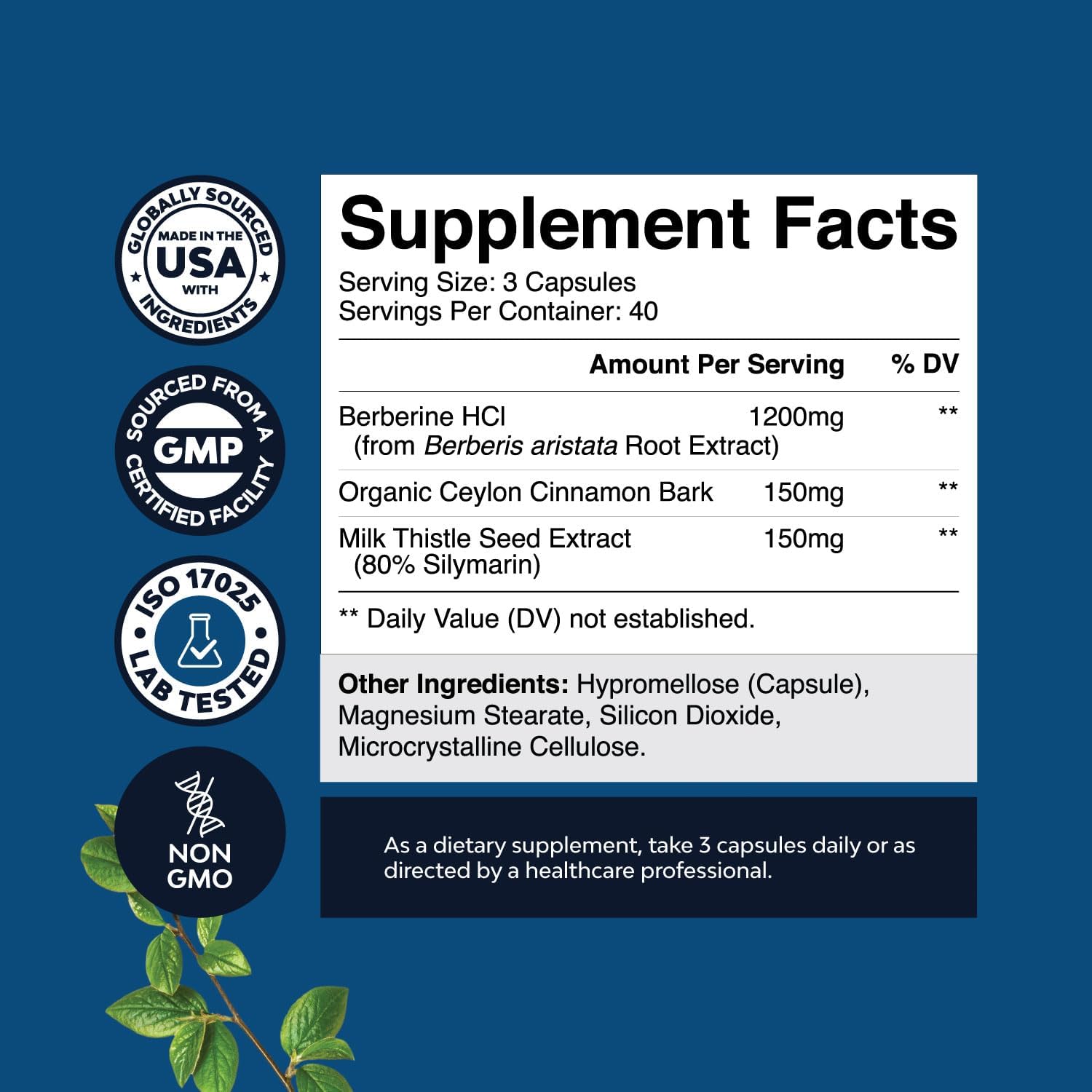 1200mg Berberine Plus Complex with Ceylon Cinnamon and Milk Thistle - Heart Health and Sugar Support - 120 Capsules