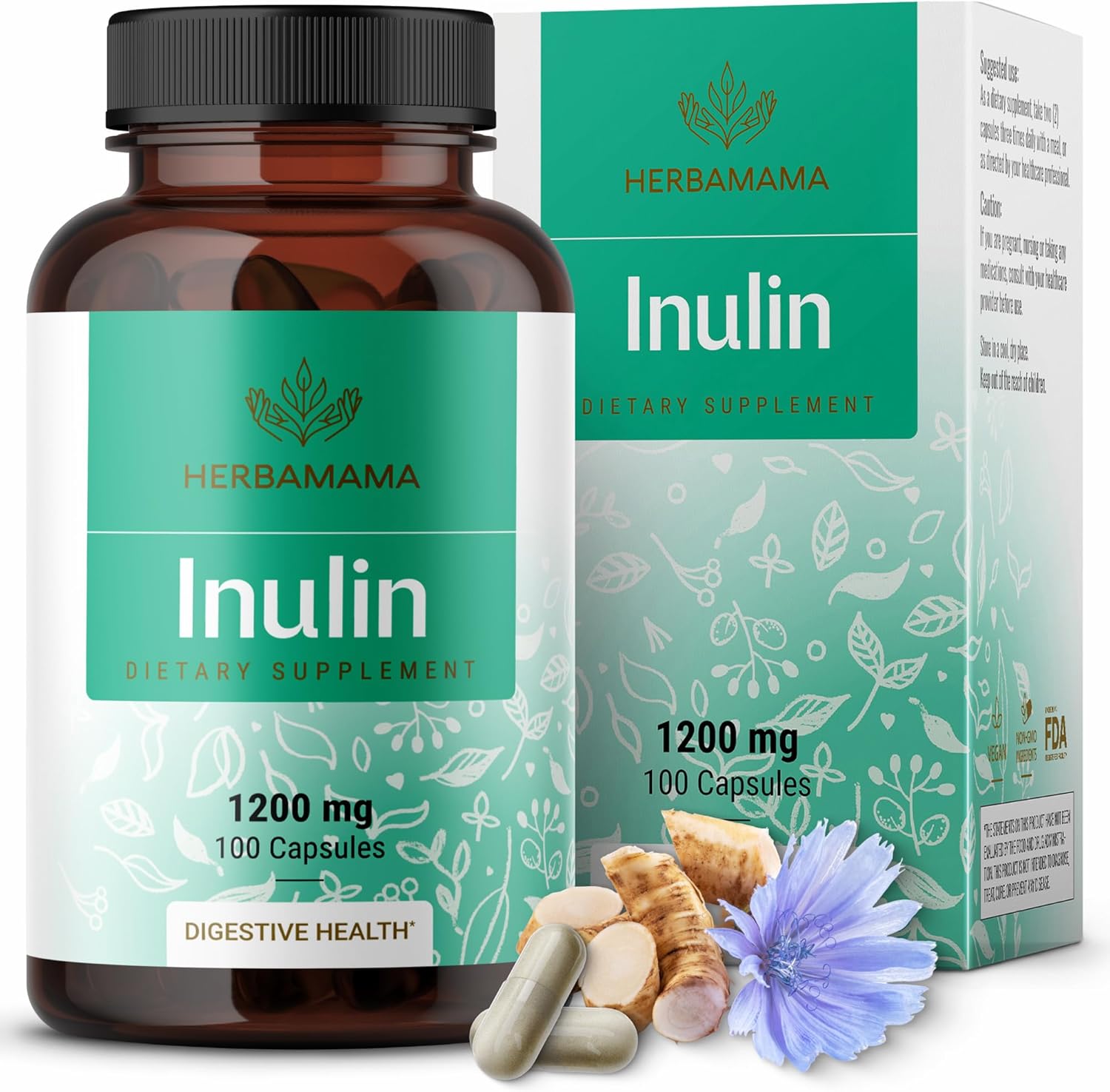1200mg HERBAMAMA Inulin Powder Capsules for Digestive Support & Gut Cleanse - Vegan Non-GMO Chicory Root Supplement