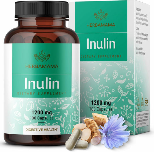 1200mg HERBAMAMA Inulin Powder Capsules for Digestive Support & Gut Cleanse - Vegan Non-GMO Chicory Root Supplement