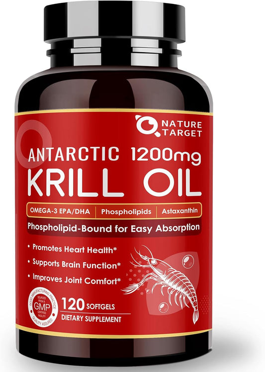 1200mg Krill Oil Softgels with Omega-3 EPA & DHA, Astaxanthin, Phospholipids & Choline - Heart, Brain, Joint Support - Non-GMO, Gluten Free - 120 Softgels