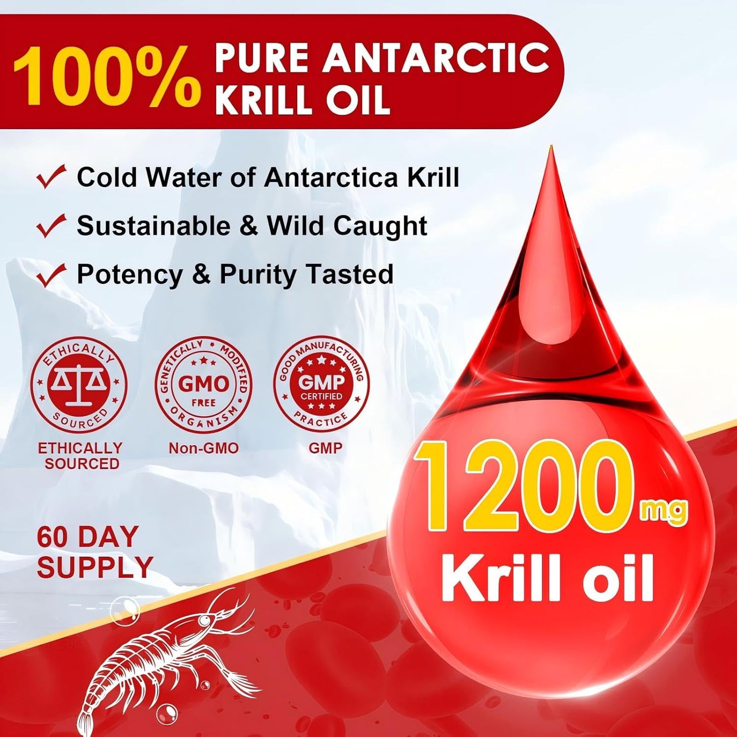 1200mg Krill Oil Softgels with Omega-3 EPA & DHA, Astaxanthin, Phospholipids & Choline - Heart, Brain, Joint Support - Non-GMO, Gluten Free - 120 Softgels