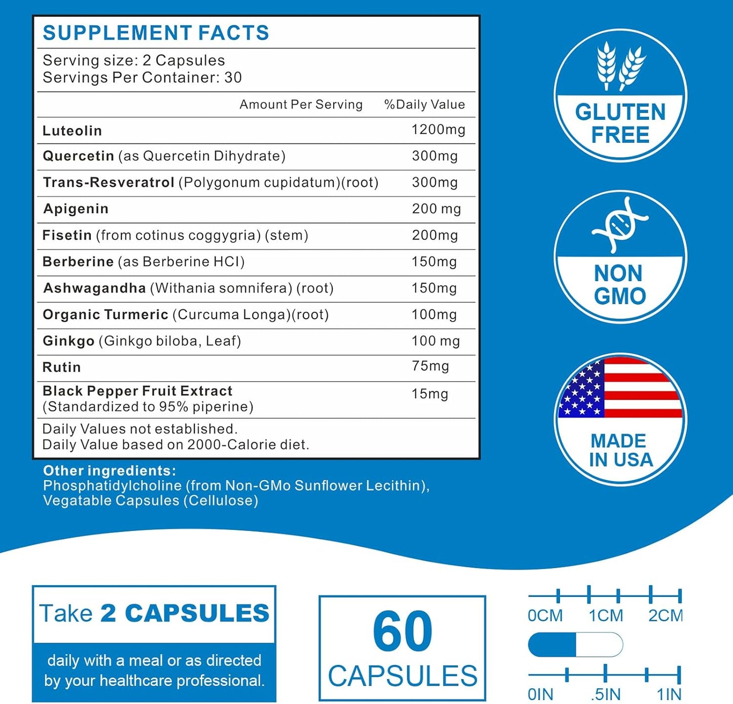 1200MG Liposomal Luteolin Supplement - Maximum Absorption for Brain Health - Antioxidant Boost - 180 Capsules