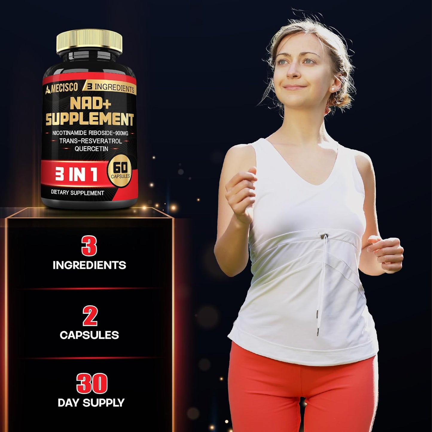 1200mg Mecisco NAD+ Supplement with Trans Resveratrol & Quercetin - Cellular, Immune, Aging Support - 60 Capsules