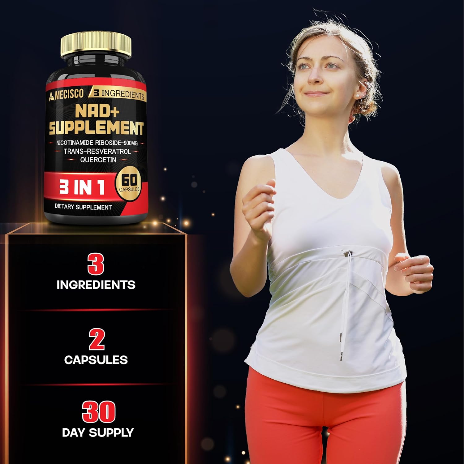 1200mg Mecisco NAD+ Supplement with Trans Resveratrol & Quercetin - Cellular, Immune, Aging Support - 60 Capsules