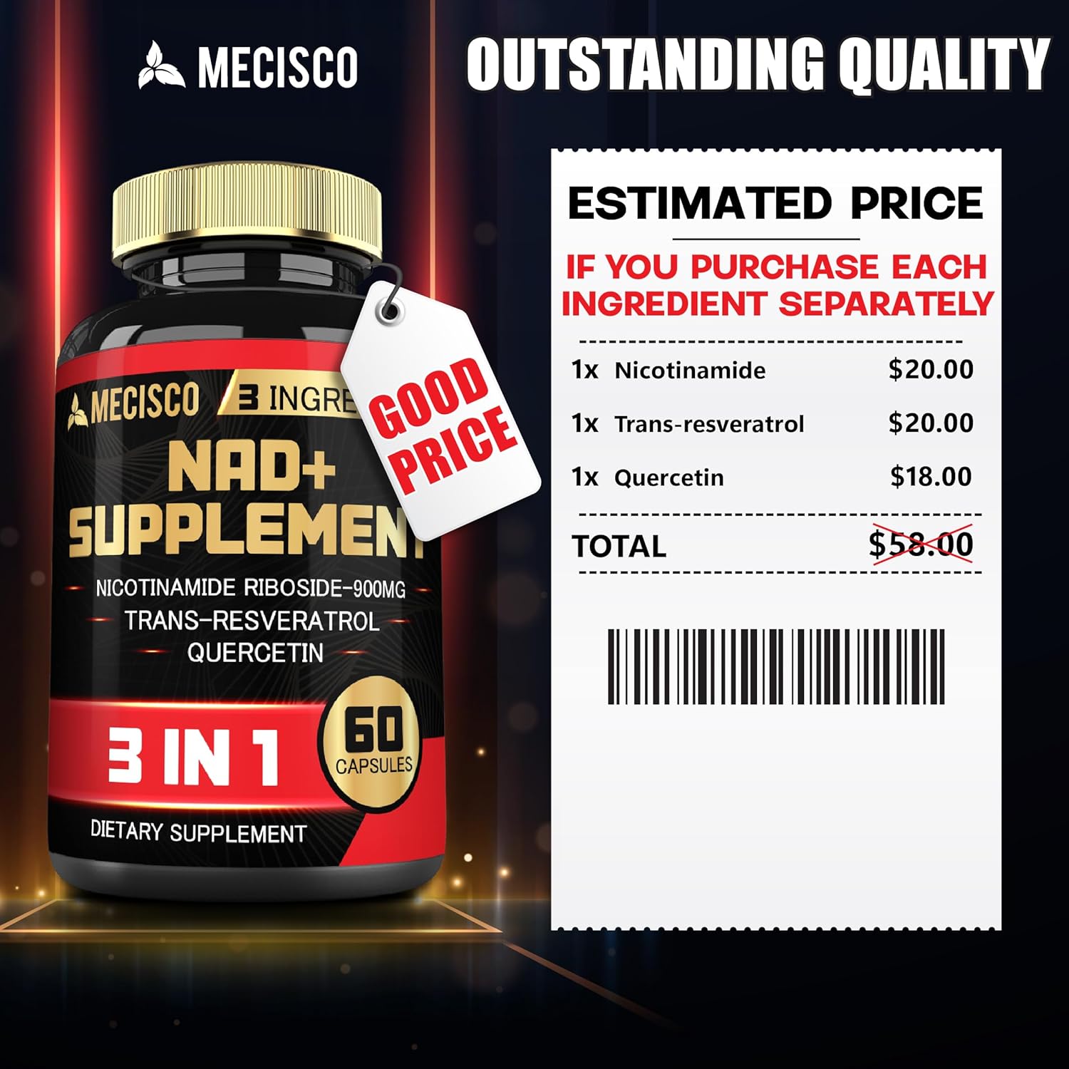 1200mg Mecisco NAD+ Supplement with Trans Resveratrol & Quercetin - Cellular, Immune, Aging Support - 60 Capsules