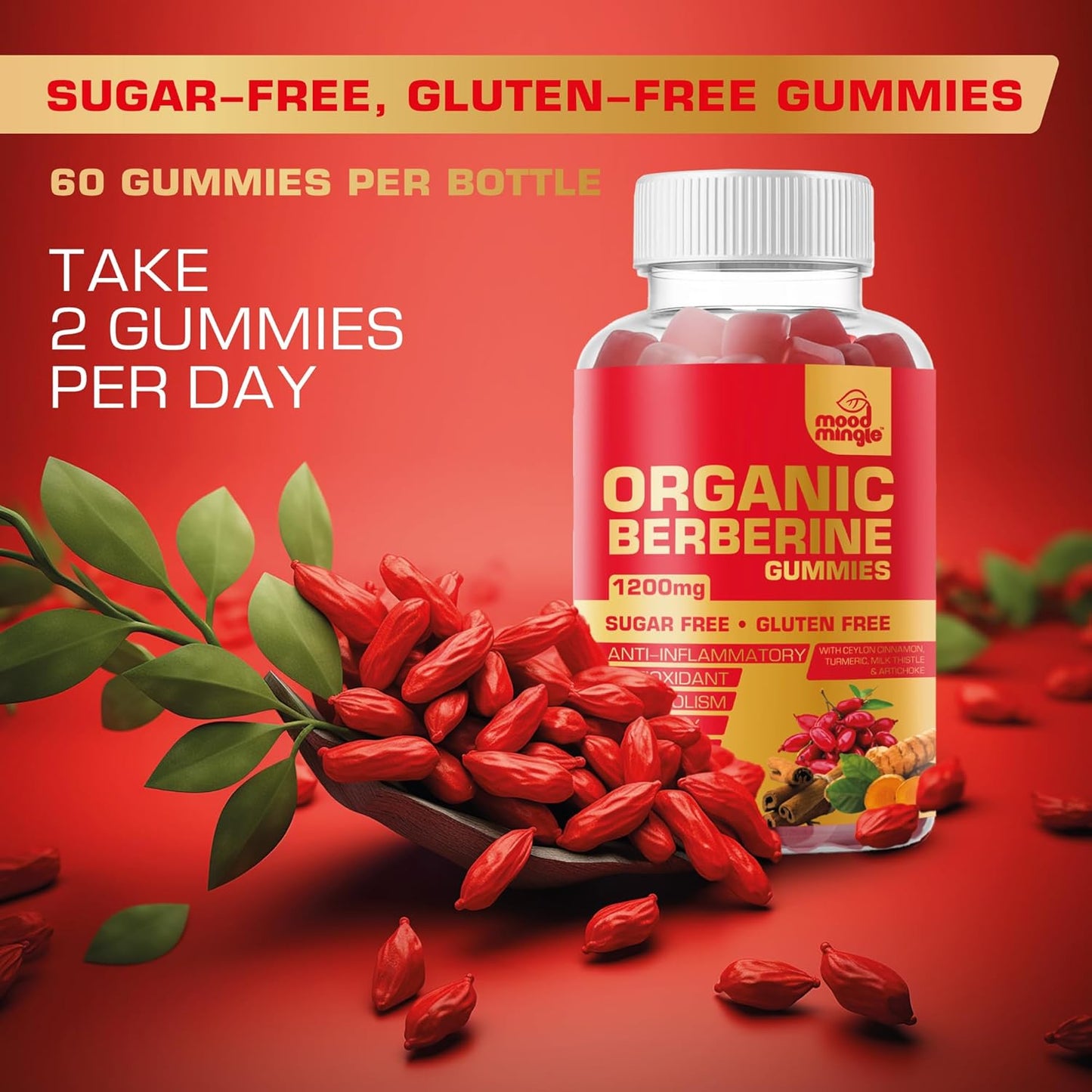 1200mg Mood Mingle Berberine Gummies with Ceylon Cinnamon, Turmeric, Milk Thistle & Artichoke - Sugar & Gluten Free - GMP Quality