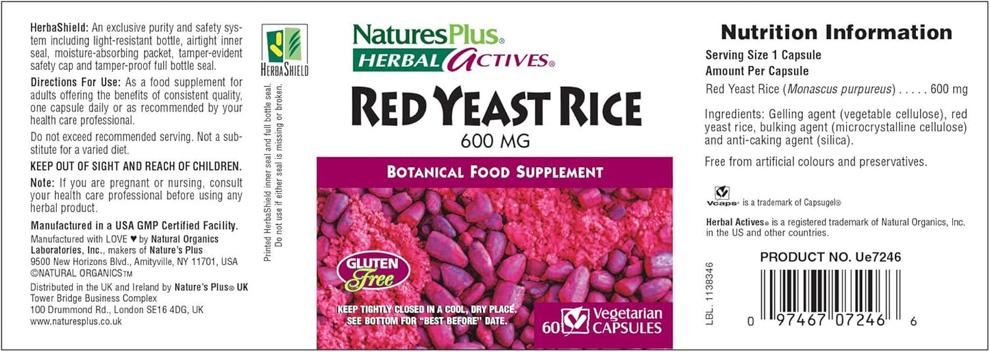 1200mg Natures Plus Red Yeast Rice Capsules - Vegan Cholesterol Support Supplement - Vegetarian & Gluten-Free - 60 Capsules