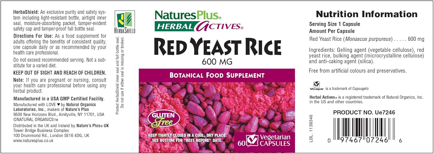 1200mg Natures Plus Red Yeast Rice Capsules - Vegan Cholesterol Support Supplement - Vegetarian & Gluten-Free - 60 Capsules