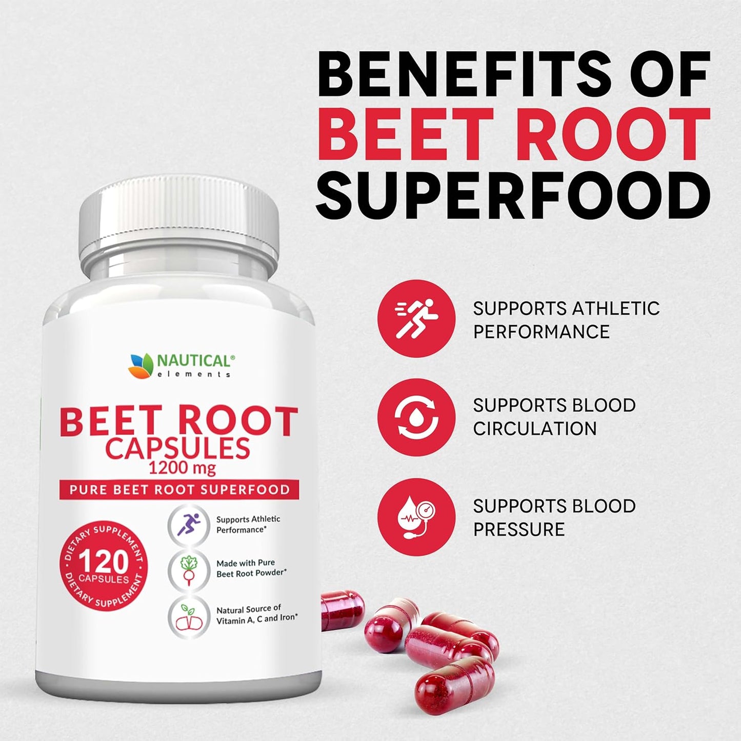 1200mg Nautical Elements Beet Root Capsules - Supports Blood Pressure, Athletic Performance, Immune System - 120 Capsules - Pure, Non-GMO, Gluten Free.